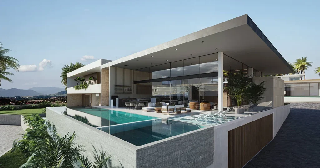 Modern home with cantilevered roof and infinity pool, showcasing clean lines and indoor-outdoor integration.