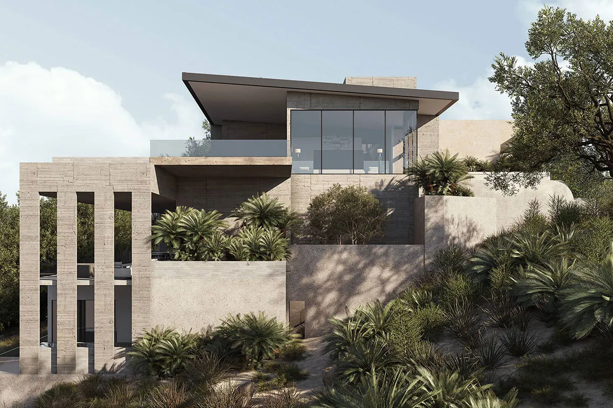 Modern hillside residence blending soft concrete and natural textures