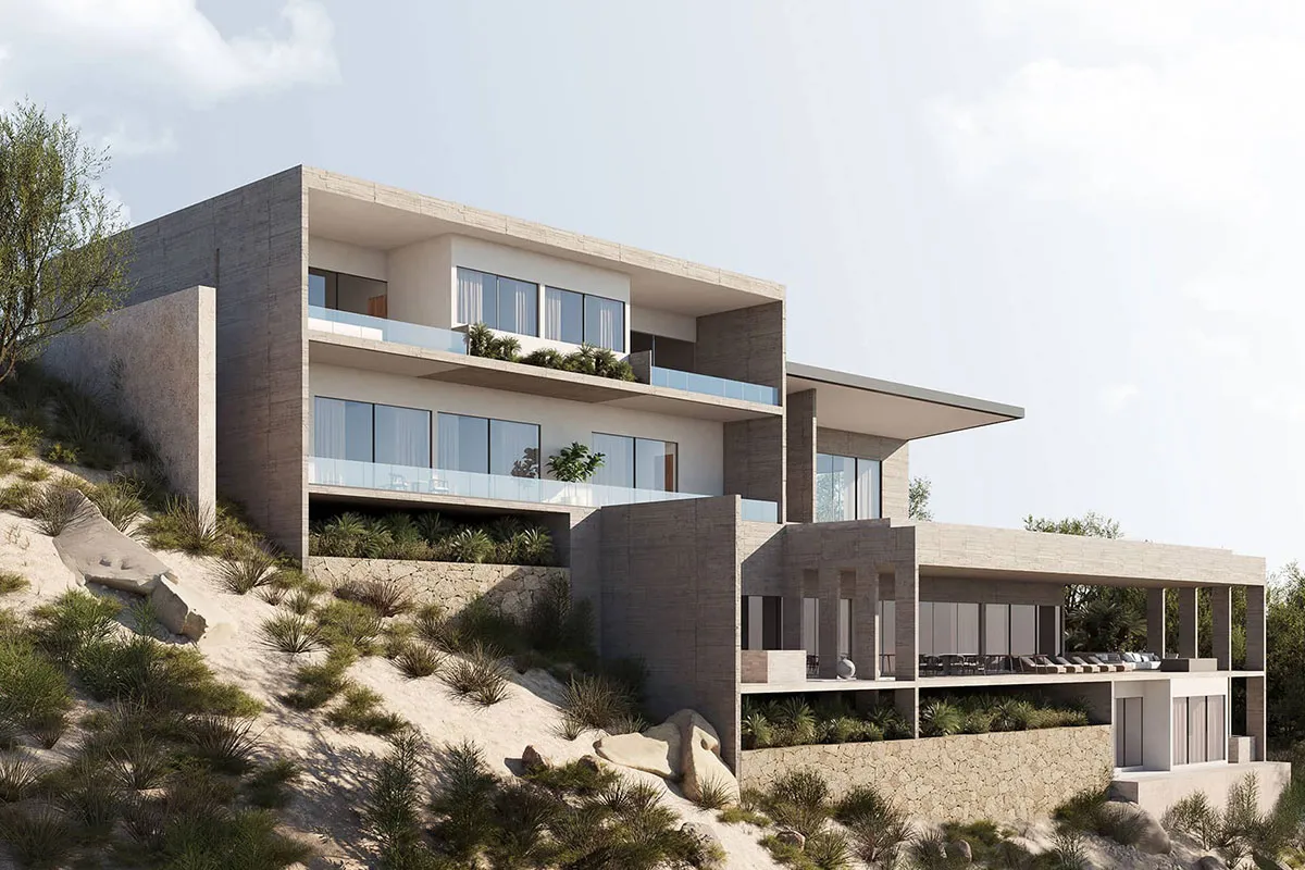 Bold concrete forms nestled in vegetation with minimalist lines and natural light