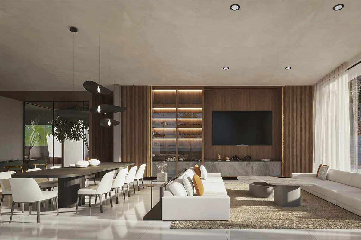 Contemporary interior using neutral tones, soft contrasts, and warm wood to guide space usage.