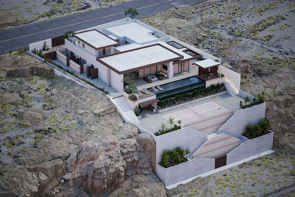 A stepped architectural design carved into rugged terrain with strong geometric massing.