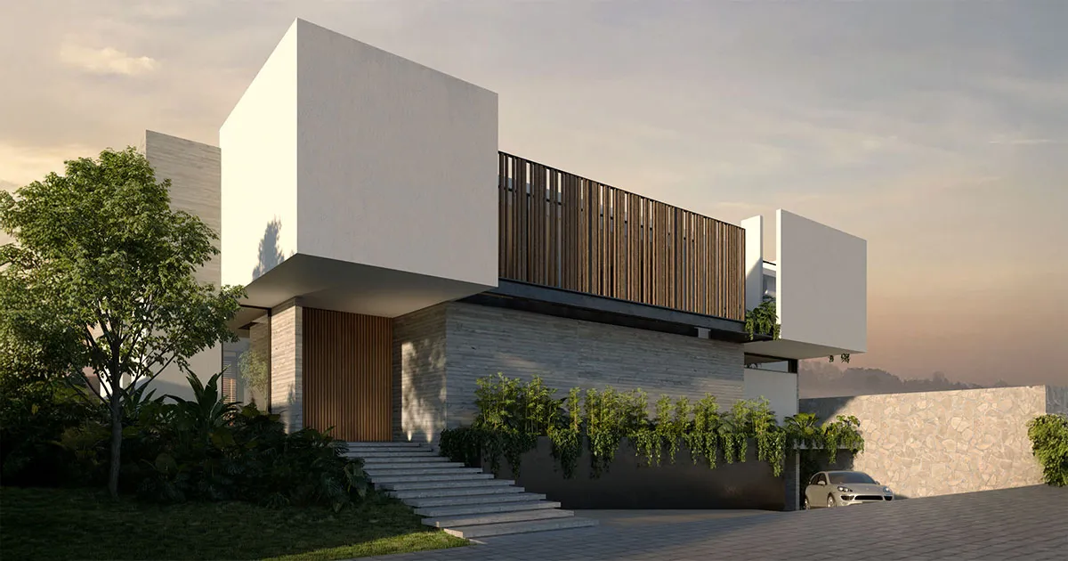 Contemporary home exterior showcasing the balance of form and function with clean geometric shapes, natural materials, and modern architectural design.